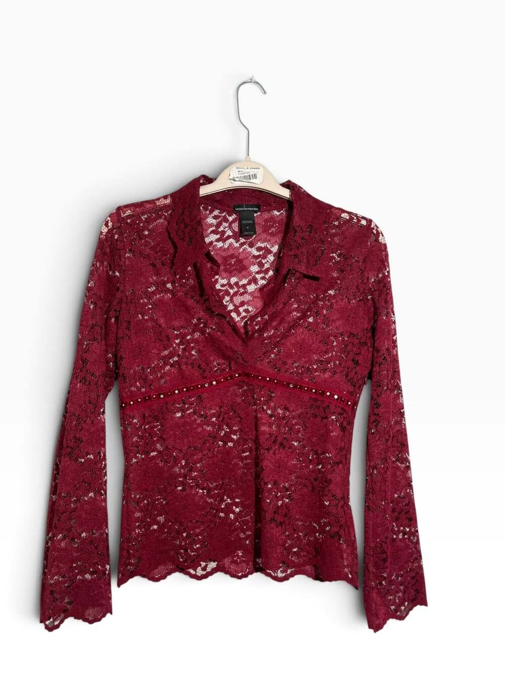Moda International Lace Top Womens Medium M Burgundy Red Y2K Flare Sleeve Sheer